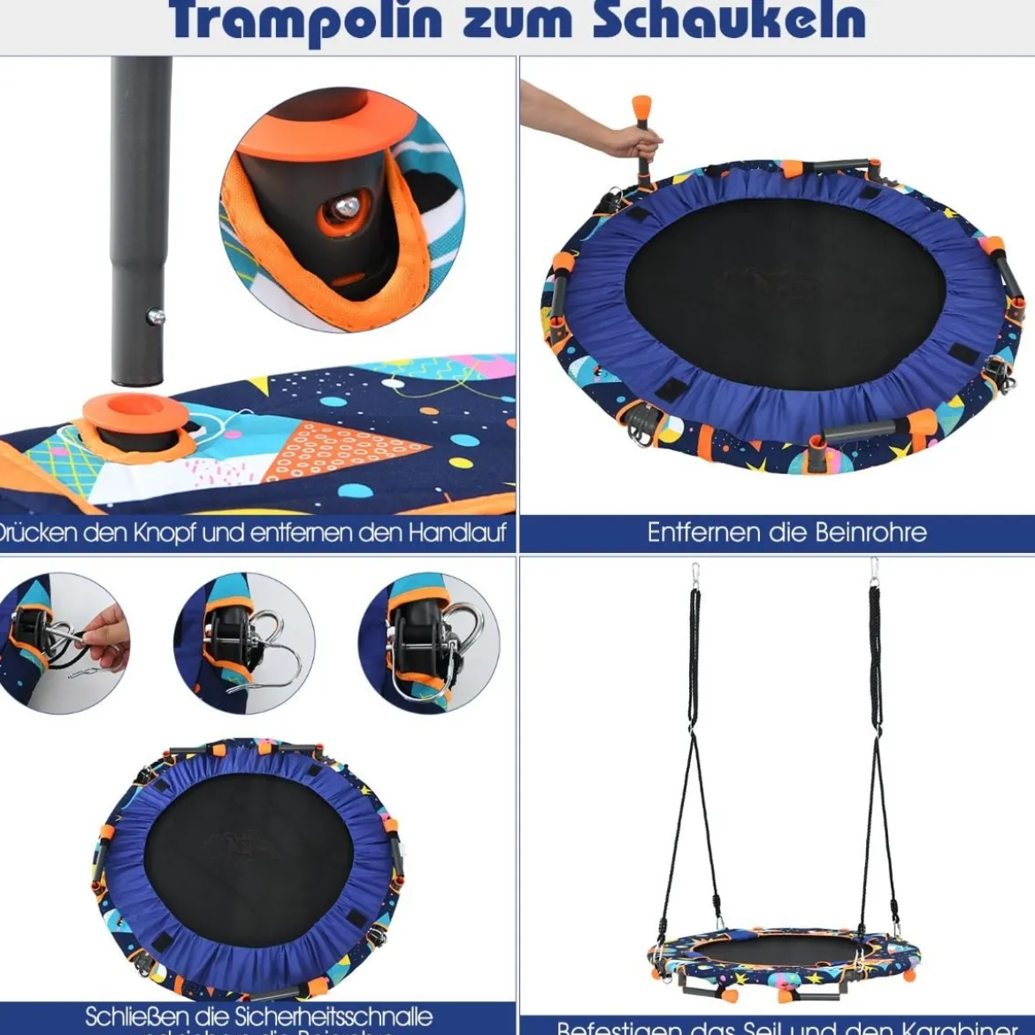 2-in-1 Trampolin & Schaukel klappbar faltbar mit 1,5 m Seilen klappbar faltbar 92 x 92 x 70 cm