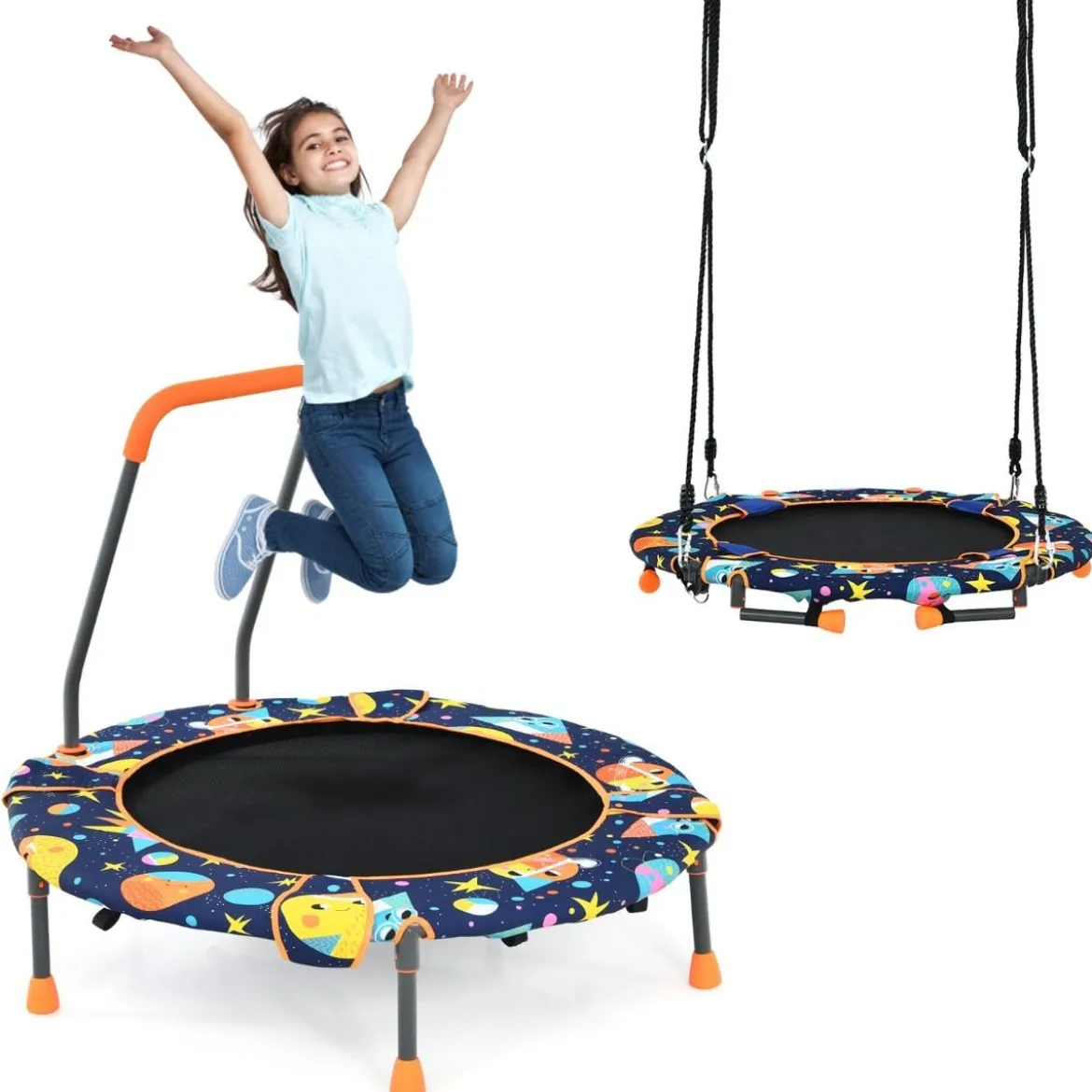 2-in-1 Trampolin & Schaukel klappbar faltbar mit 1,5 m Seilen klappbar faltbar 92 x 92 x 70 cm