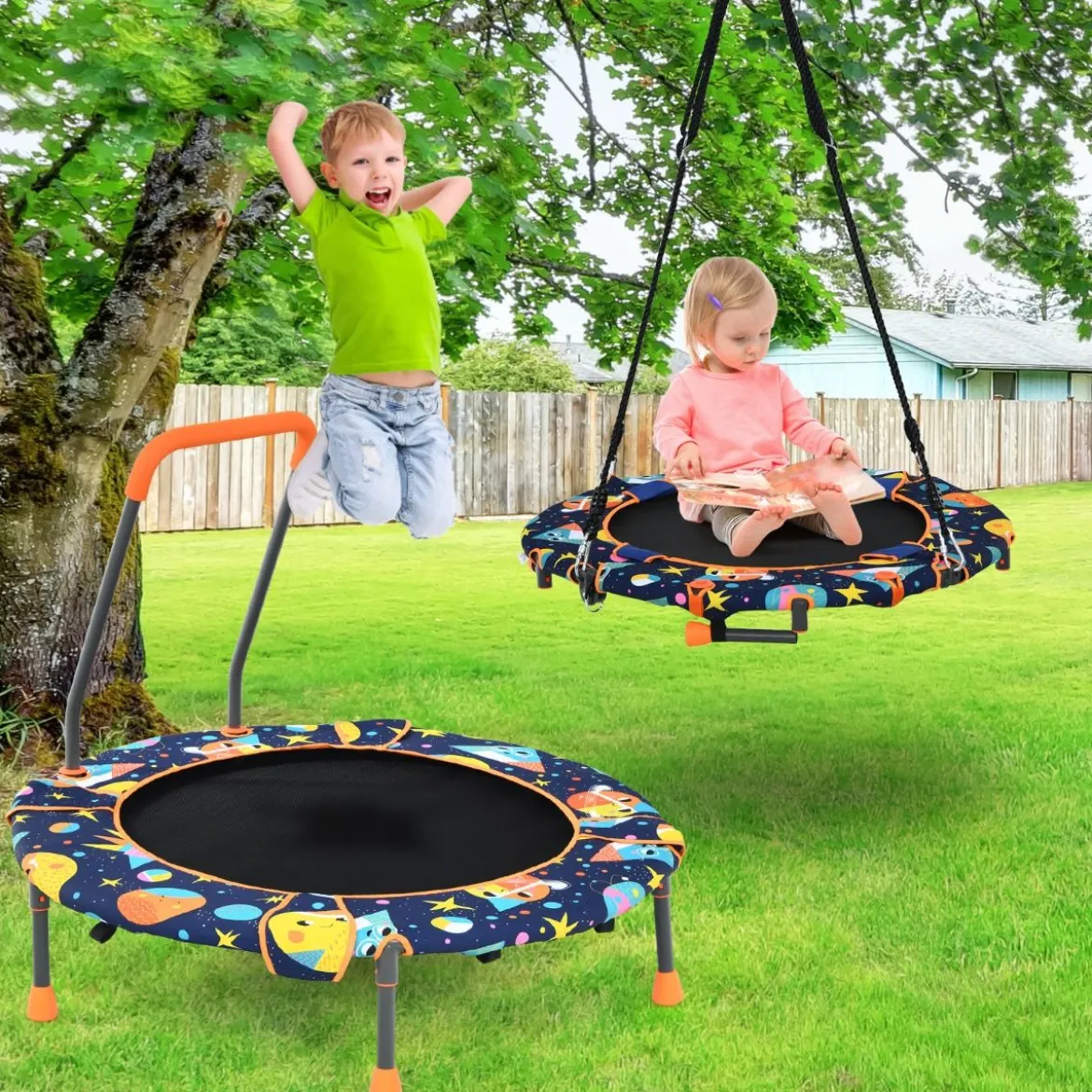 2-in-1 Trampolin & Schaukel klappbar faltbar mit 1,5 m Seilen klappbar faltbar 92 x 92 x 70 cm