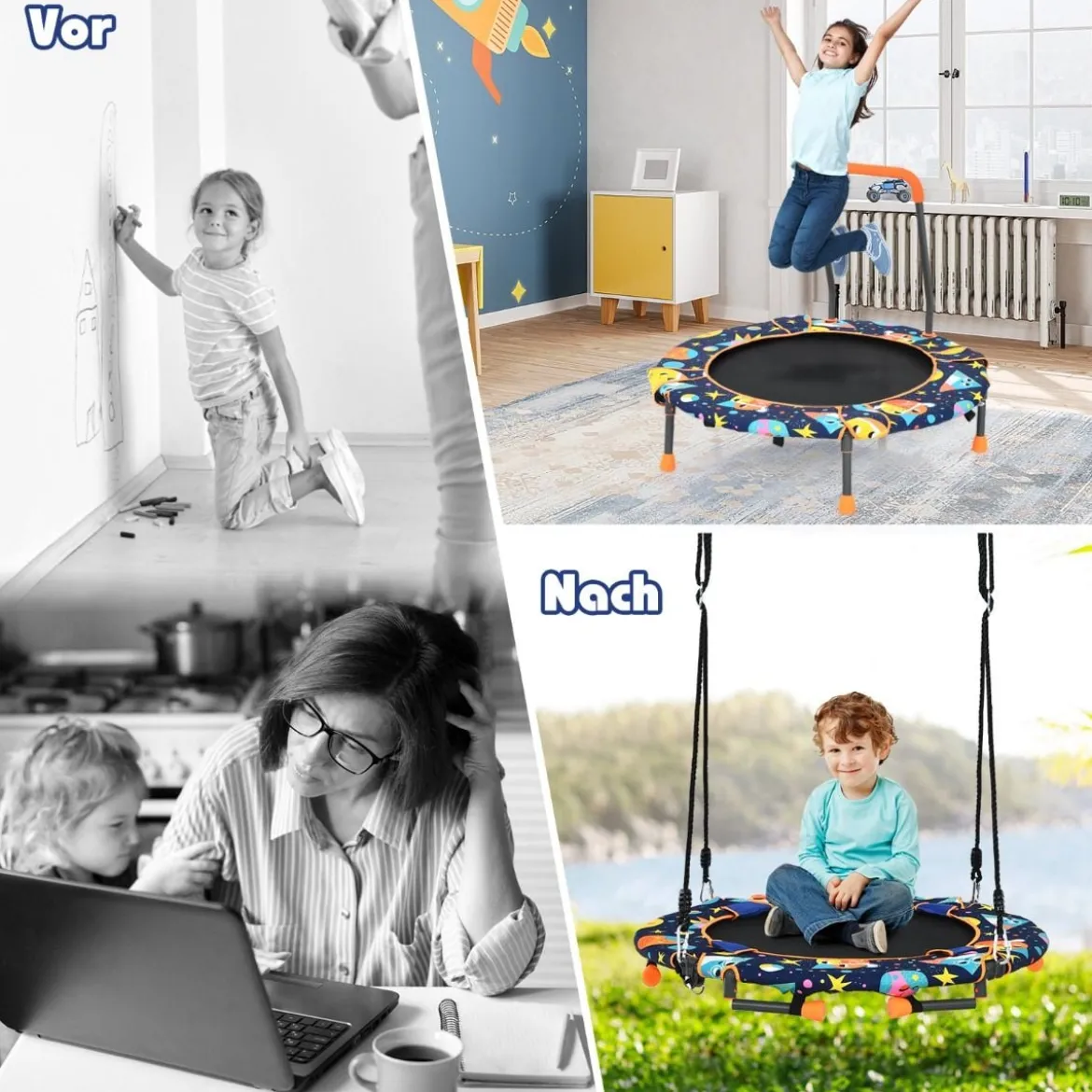 2-in-1 Trampolin & Schaukel klappbar faltbar mit 1,5 m Seilen klappbar faltbar 92 x 92 x 70 cm