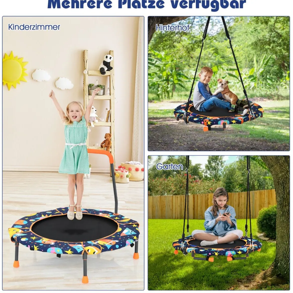 2-in-1 Trampolin & Schaukel klappbar faltbar mit 1,5 m Seilen klappbar faltbar 92 x 92 x 70 cm