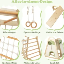 6 in 1 Turnringen & Kletterfelsen & Kletternetz & Leiter & Pull Up Bar & Spielzelt Klettergerüst Natur