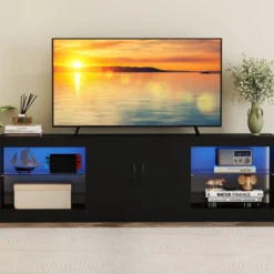 3 in 1 TV-Schrank für Fernseher bis zu 85 Zoll Lowboard mit LED Beleuchtung & Verstellbaren Glasregalen Schwarz