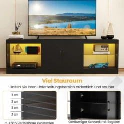 3 in 1 TV-Schrank für Fernseher bis zu 85 Zoll Lowboard mit LED Beleuchtung & Verstellbaren Glasregalen Schwarz