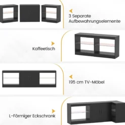 3 in 1 TV-Schrank für Fernseher bis zu 85 Zoll Lowboard mit LED Beleuchtung & Verstellbaren Glasregalen Schwarz