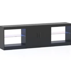 3 in 1 TV-Schrank für Fernseher bis zu 85 Zoll Lowboard mit LED Beleuchtung & Verstellbaren Glasregalen Schwarz