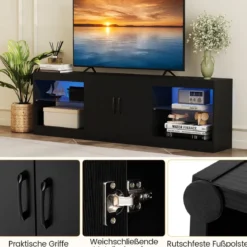 3 in 1 TV-Schrank für Fernseher bis zu 85 Zoll Lowboard mit LED Beleuchtung & Verstellbaren Glasregalen Schwarz