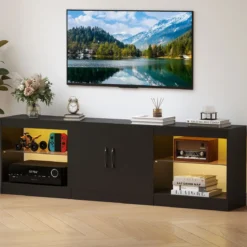 3 in 1 TV-Schrank für Fernseher bis zu 85 Zoll Lowboard mit LED Beleuchtung & Verstellbaren Glasregalen Schwarz