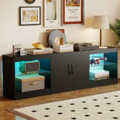 3 in 1 TV-Schrank für Fernseher bis zu 85 Zoll Lowboard mit LED Beleuchtung & Verstellbaren Glasregalen Schwarz