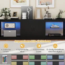 3 in 1 TV-Schrank für Fernseher bis zu 85 Zoll Lowboard mit LED Beleuchtung & Verstellbaren Glasregalen Schwarz