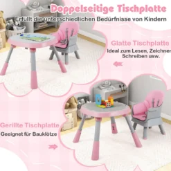 16-in-1 Umwandelbarer Hochstuhl mit Abnehmbarem Tablett & 5-Punkt-Gurt Kindertisch- & Stuhlset Rosa