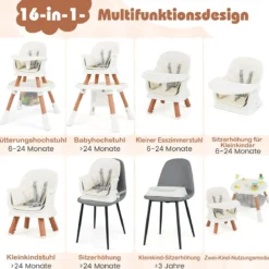 16-in-1 Umwandelbarer Hochstuhl mit Abnehmbarem Tablett & 5-Punkt-Gurt Kindertisch- & Stuhlset Weiß