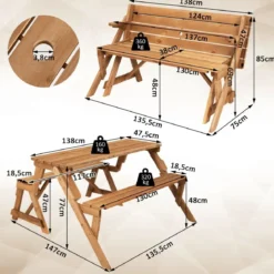 2 in 1 Umwandelbarer Picknicktisch & Gartenbank aus Holz Essgruppe 147 x 135,5 x 77 cm Goldbraun