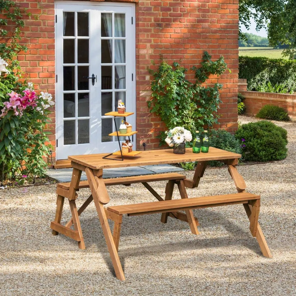 2 in 1 Umwandelbarer Picknicktisch & Gartenbank aus Holz Essgruppe 147 x 135,5 x 77 cm Goldbraun