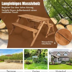 2 in 1 Umwandelbarer Picknicktisch & Gartenbank aus Holz Essgruppe 147 x 135,5 x 77 cm Goldbraun
