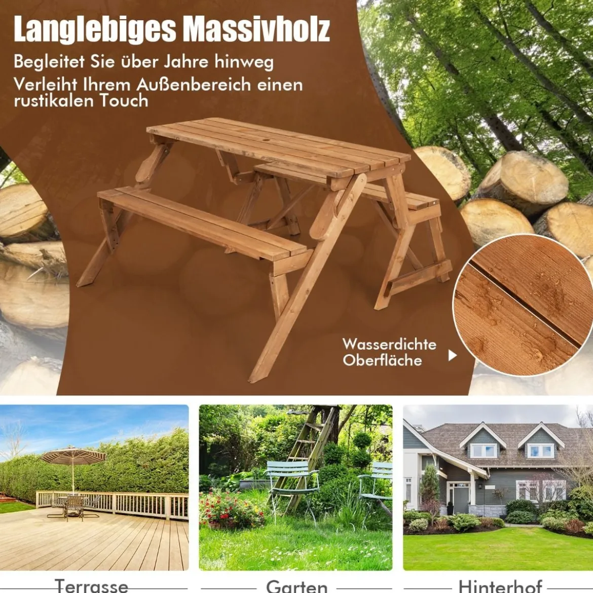 2 in 1 Umwandelbarer Picknicktisch & Gartenbank aus Holz Essgruppe 147 x 135,5 x 77 cm Goldbraun