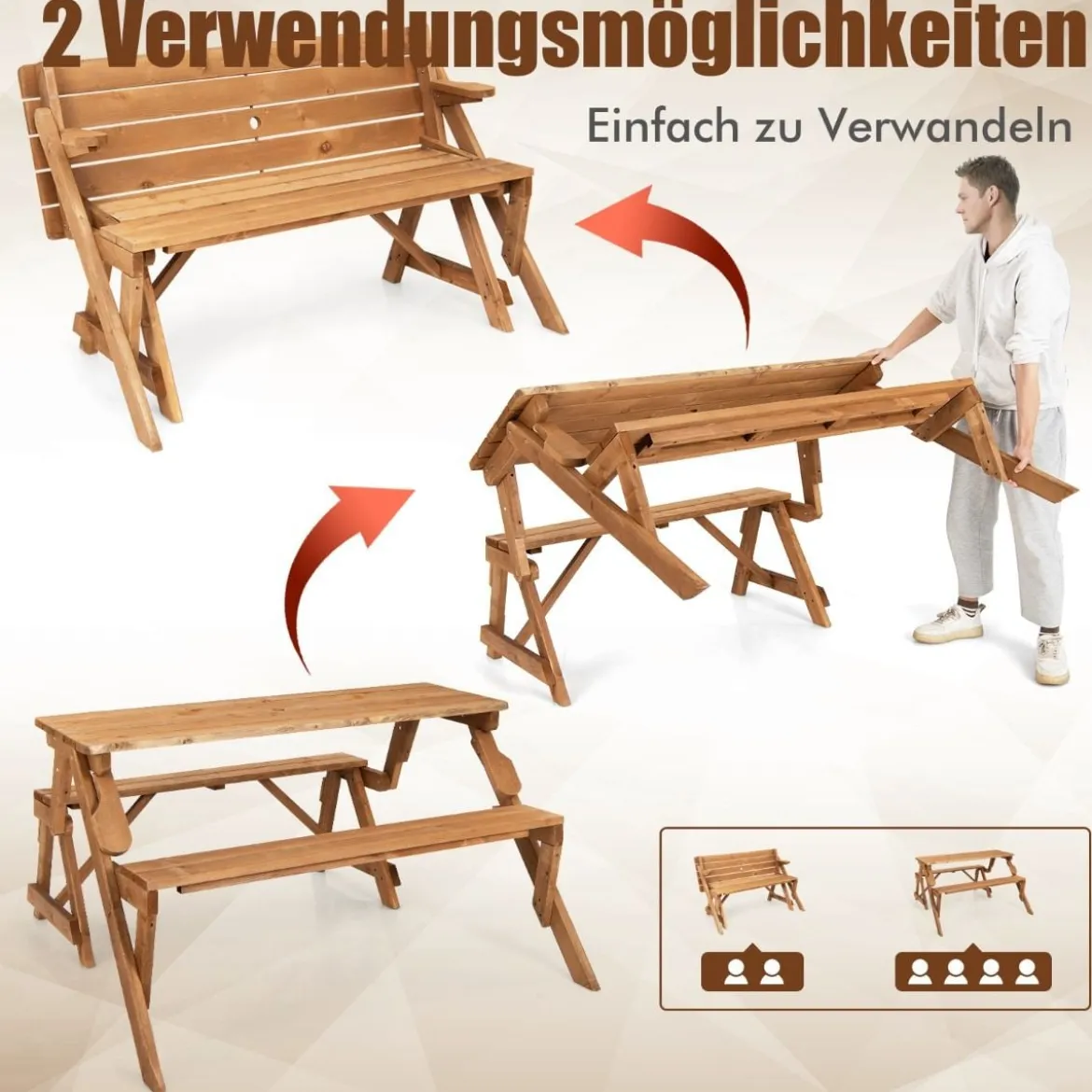 2 in 1 Umwandelbarer Picknicktisch & Gartenbank aus Holz Essgruppe 147 x 135,5 x 77 cm Goldbraun