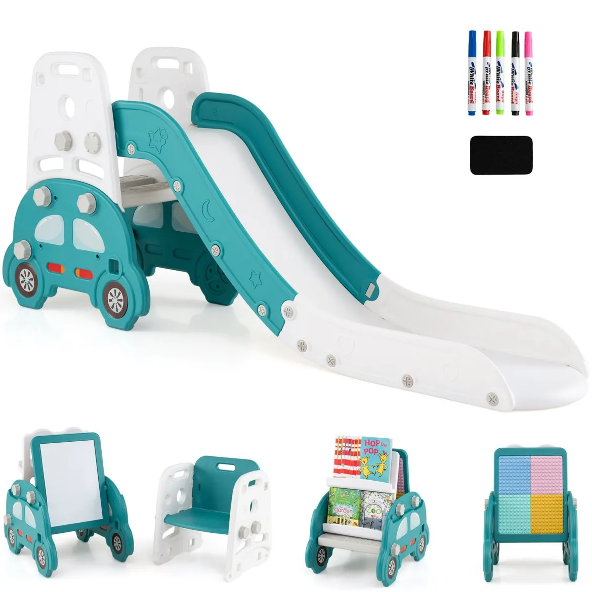 5 in 1 Wandelbare Kinderrutsche als Hocker & Bücherregal Beidseitiges Whiteboard & Bauplatte