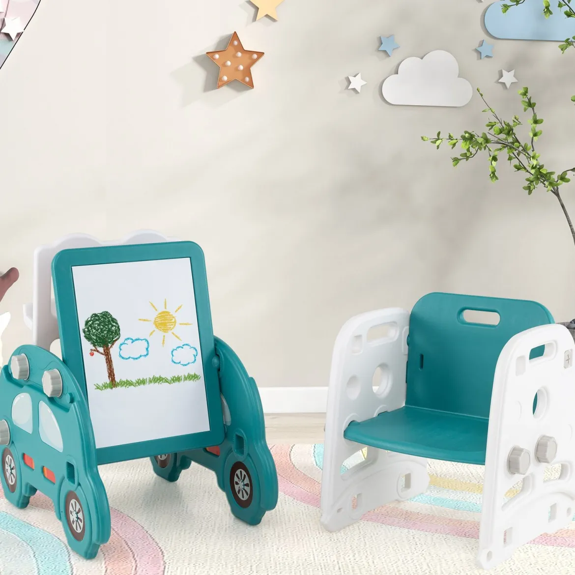 5 in 1 Wandelbare Kinderrutsche als Hocker & Bücherregal Beidseitiges Whiteboard & Bauplatte
