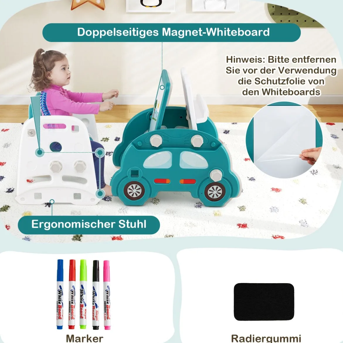 5 in 1 Wandelbare Kinderrutsche als Hocker & Bücherregal Beidseitiges Whiteboard & Bauplatte