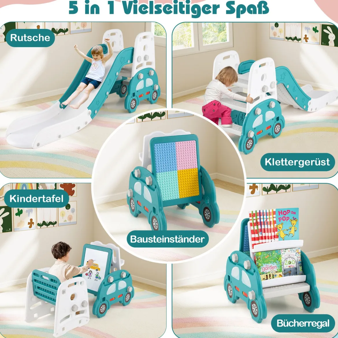 5 in 1 Wandelbare Kinderrutsche als Hocker & Bücherregal Beidseitiges Whiteboard & Bauplatte