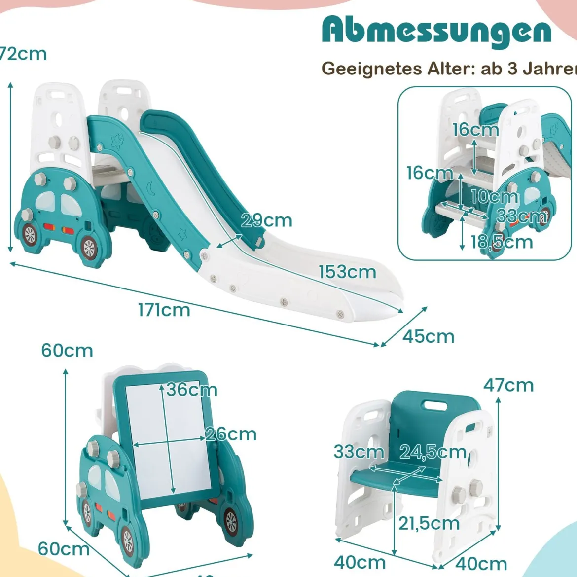 5 in 1 Wandelbare Kinderrutsche als Hocker & Bücherregal Beidseitiges Whiteboard & Bauplatte
