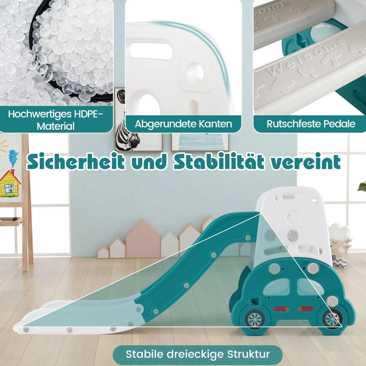 5 in 1 Wandelbare Kinderrutsche als Hocker & Bücherregal Beidseitiges Whiteboard & Bauplatte