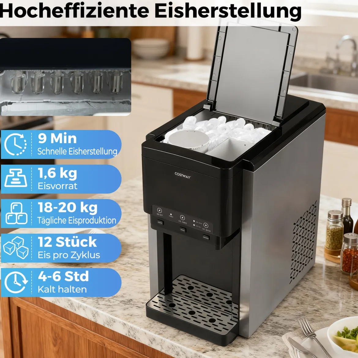 3 in 1 Wasserspender mit Eiswürfelmaschine Eiswürfelbereiter mit Zerstoßenem Eis Eisbereiter
