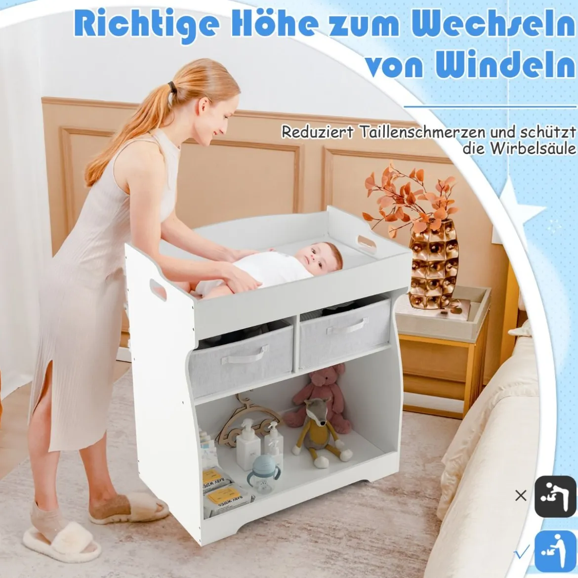 2 in 1 Wickelkommode mit Wickelauflage & 2 Schubladen &Aufbewahrungsbehälter Weiß