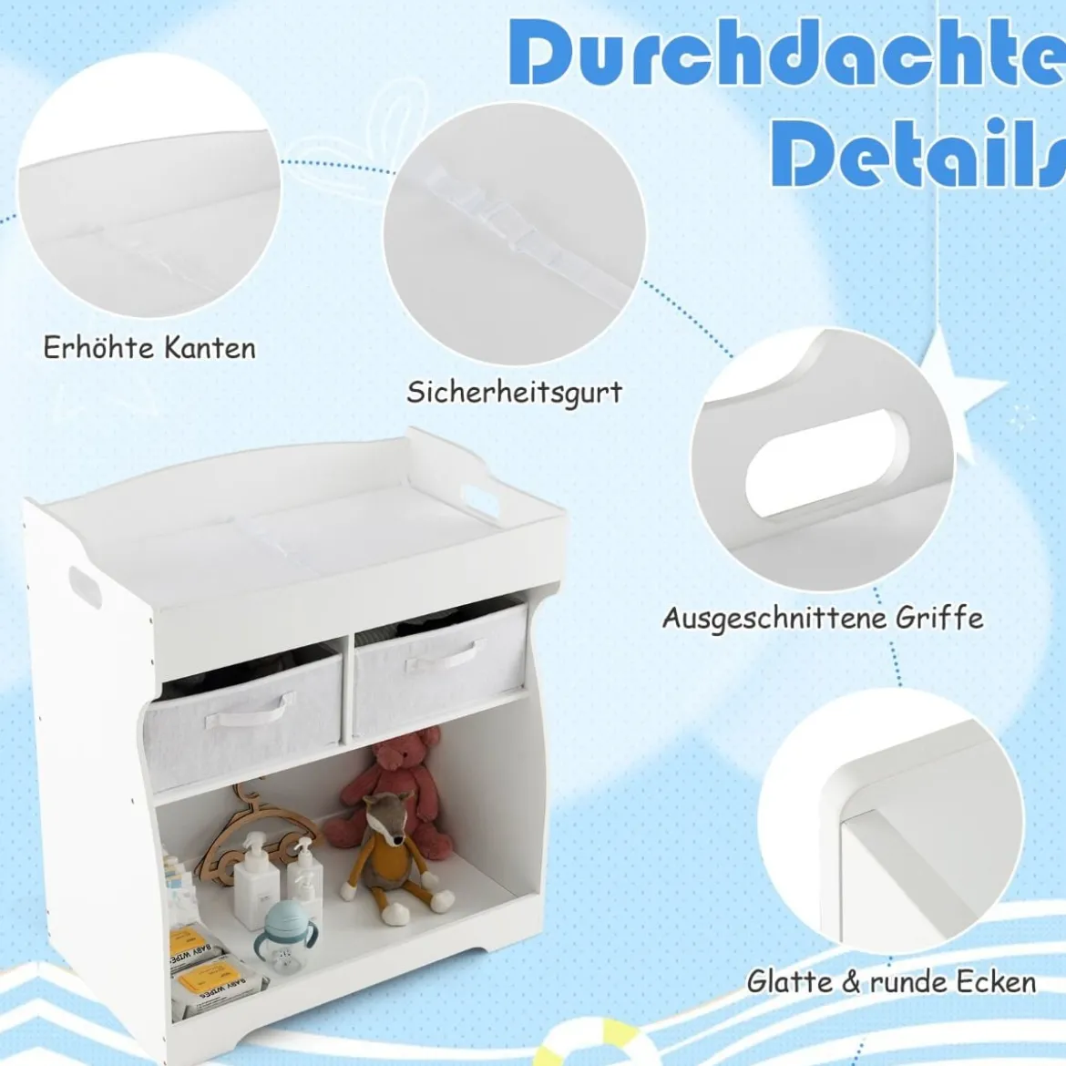 2 in 1 Wickelkommode mit Wickelauflage & 2 Schubladen &Aufbewahrungsbehälter Weiß
