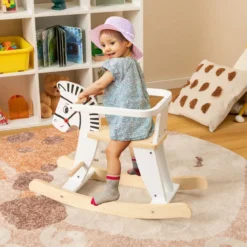 2 in 1 Zebra Schaukelpferd aus Holz mit abnehmbaren Zäunen & Rückenlehne Weiß