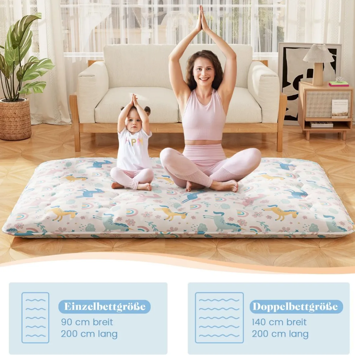 Japanische Futon Matratze mit Waschbarem Bezug & Tragetasche Tatami-Matte 90/140 x 200 cm