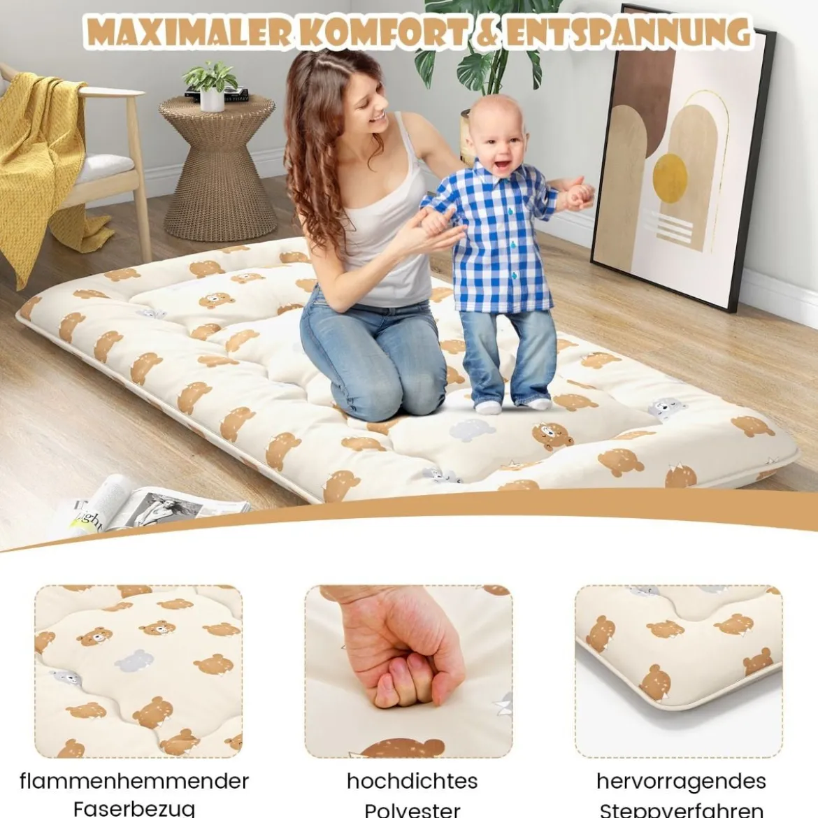 Japanische Futon Matratze mit Waschbarem Bezug & Tragetasche Tatami-Matte 90/140 x 200 cm