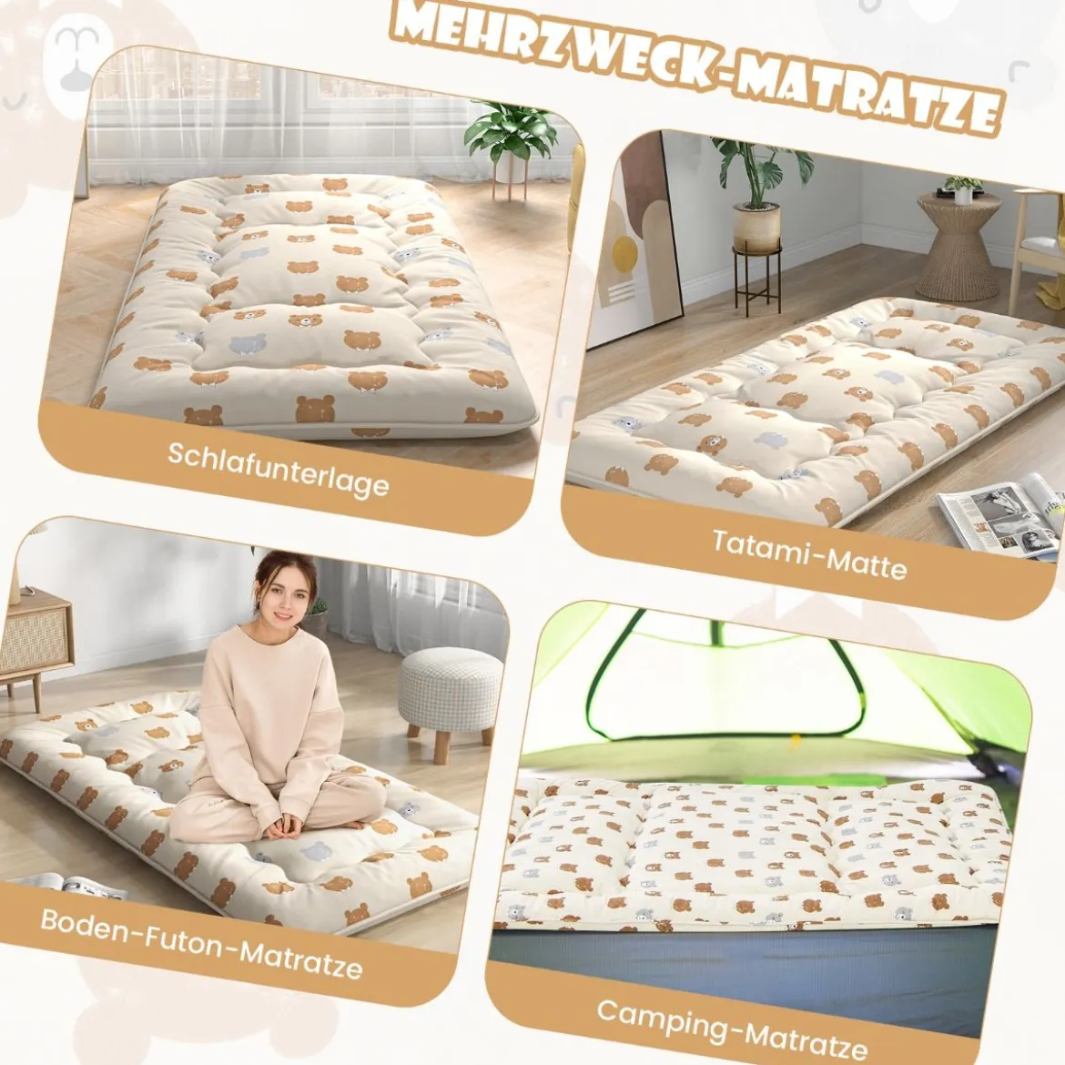 Japanische Futon Matratze mit Waschbarem Bezug & Tragetasche Tatami-Matte 90/140 x 200 cm