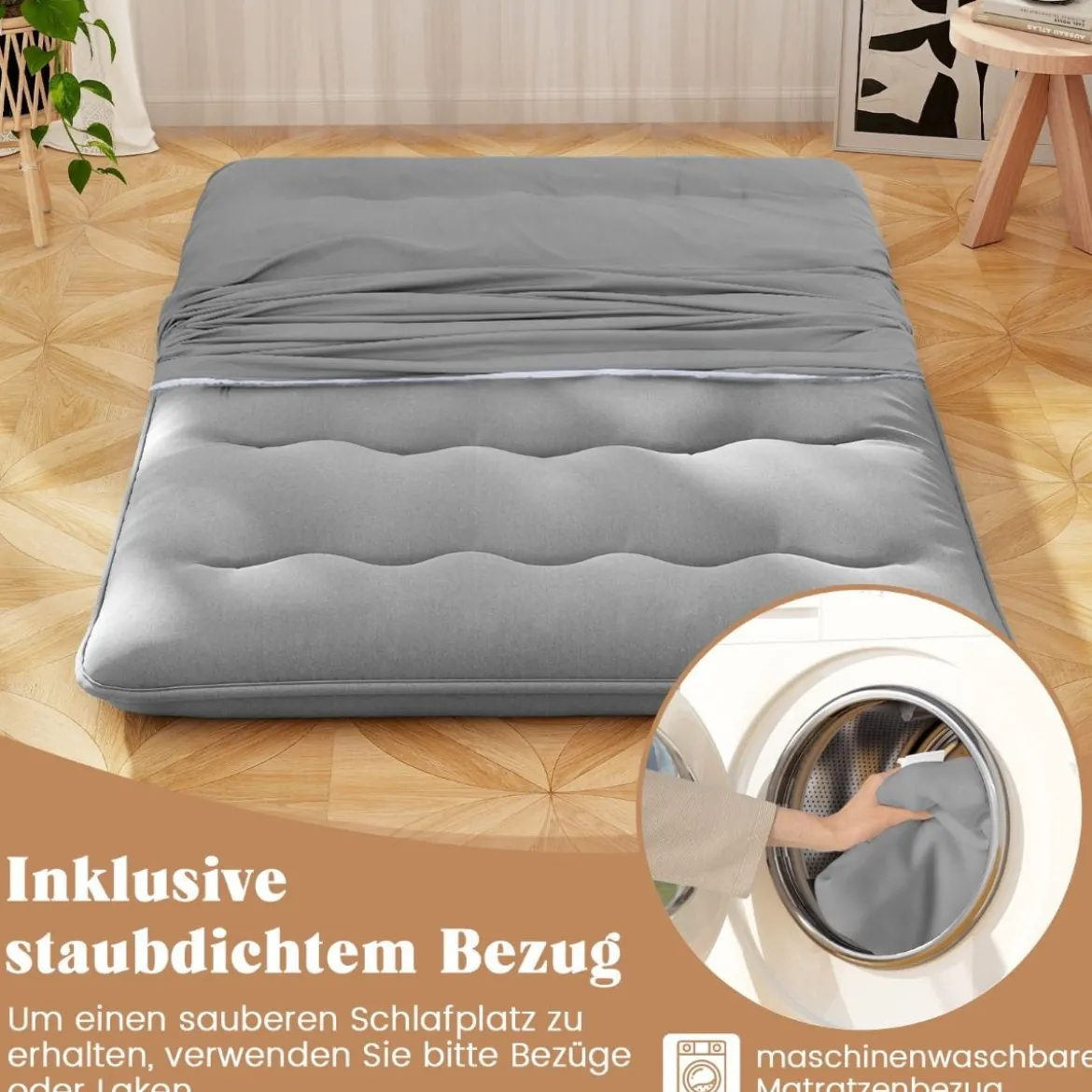Japanische Futon Matratze mit Waschbarem Bezug & Tragetasche Tatami-Matte 90/140 x 200 cm