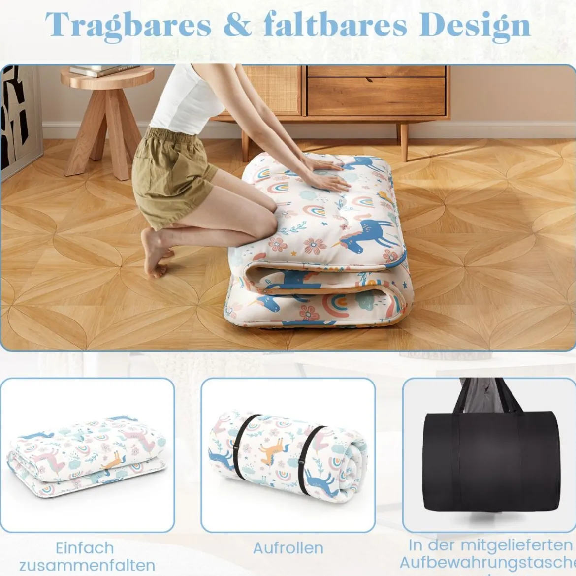 Japanische Futon Matratze mit Waschbarem Bezug & Tragetasche Tatami-Matte 90/140 x 200 cm