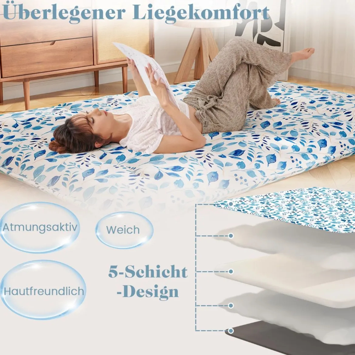 Japanische Futon Matratze mit Waschbarem Bezug & Tragetasche Tatami-Matte 90/140 x 200 cm
