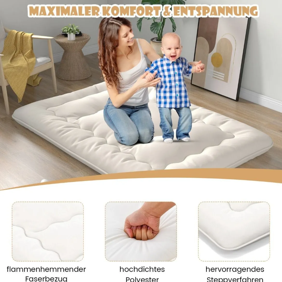 Japanische Futon Matratze mit Waschbarem Bezug & Tragetasche Tatami-Matte 90/140 x 200 cm