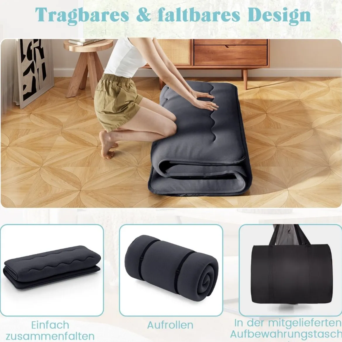 Japanische Futon Matratze mit Waschbarem Bezug & Tragetasche Tatami-Matte 90/140 x 200 cm