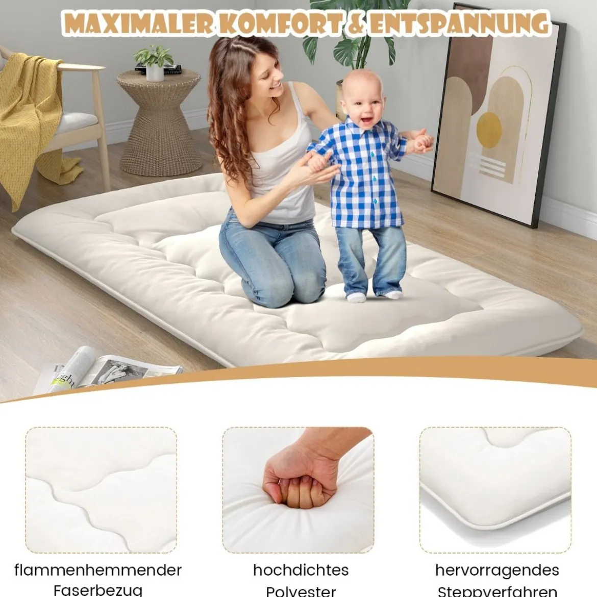 Japanische Futon Matratze mit Waschbarem Bezug & Tragetasche Tatami-Matte 90/140 x 200 cm