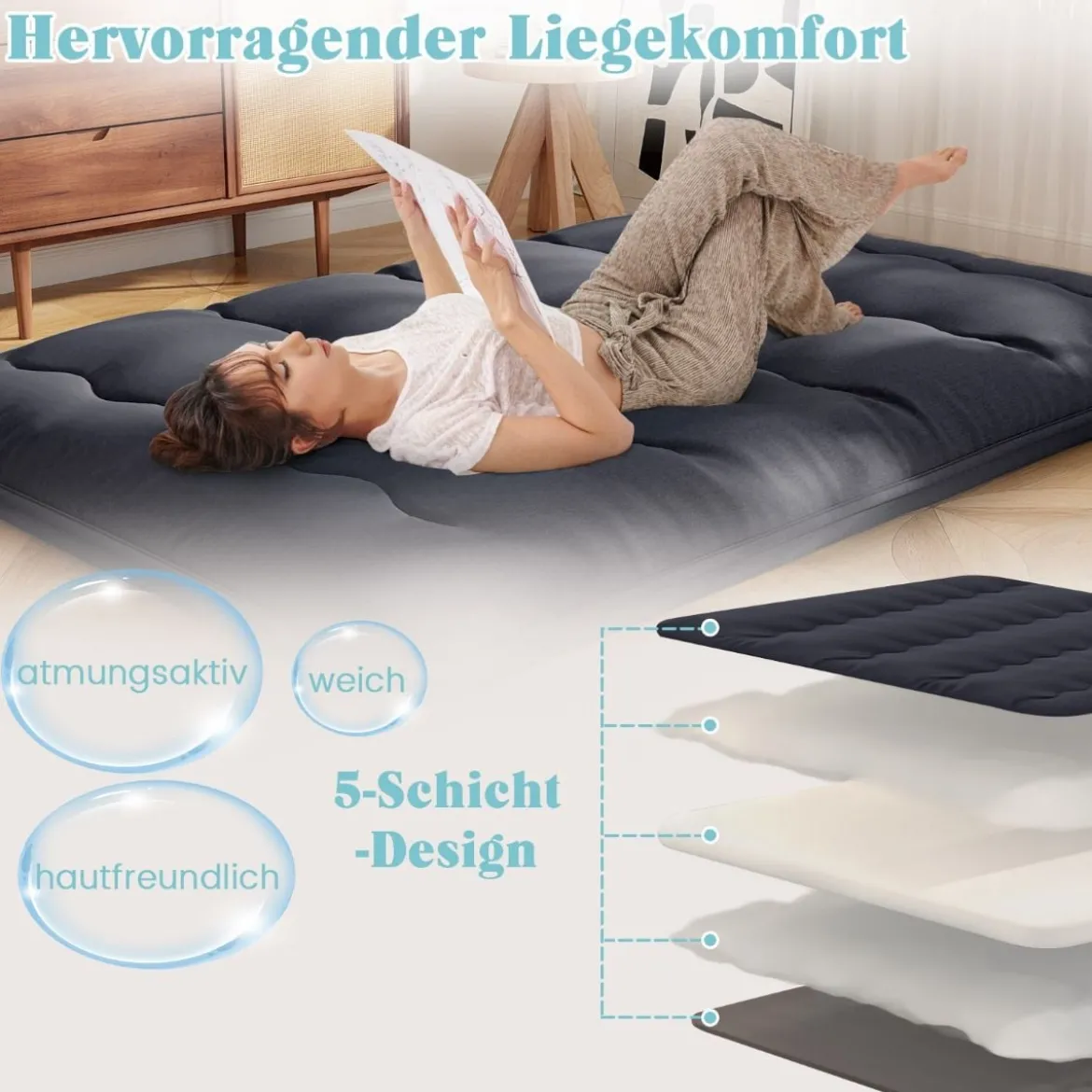 Japanische Futon Matratze mit Waschbarem Bezug & Tragetasche Tatami-Matte 90/140 x 200 cm