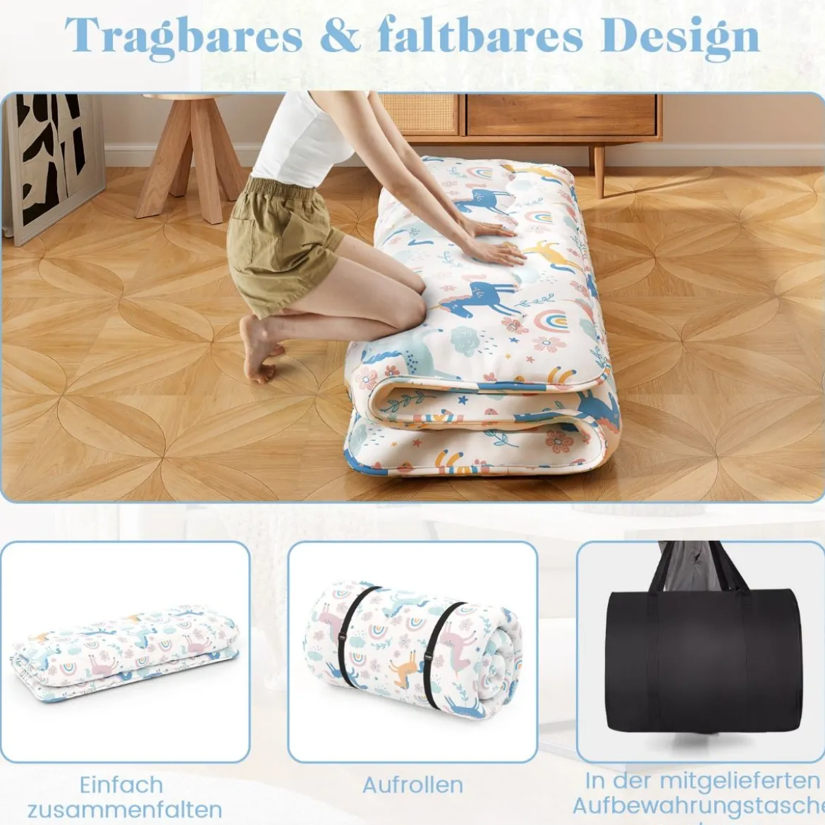 Japanische Futon Matratze mit Waschbarem Bezug & Tragetasche Tatami-Matte 90/140 x 200 cm