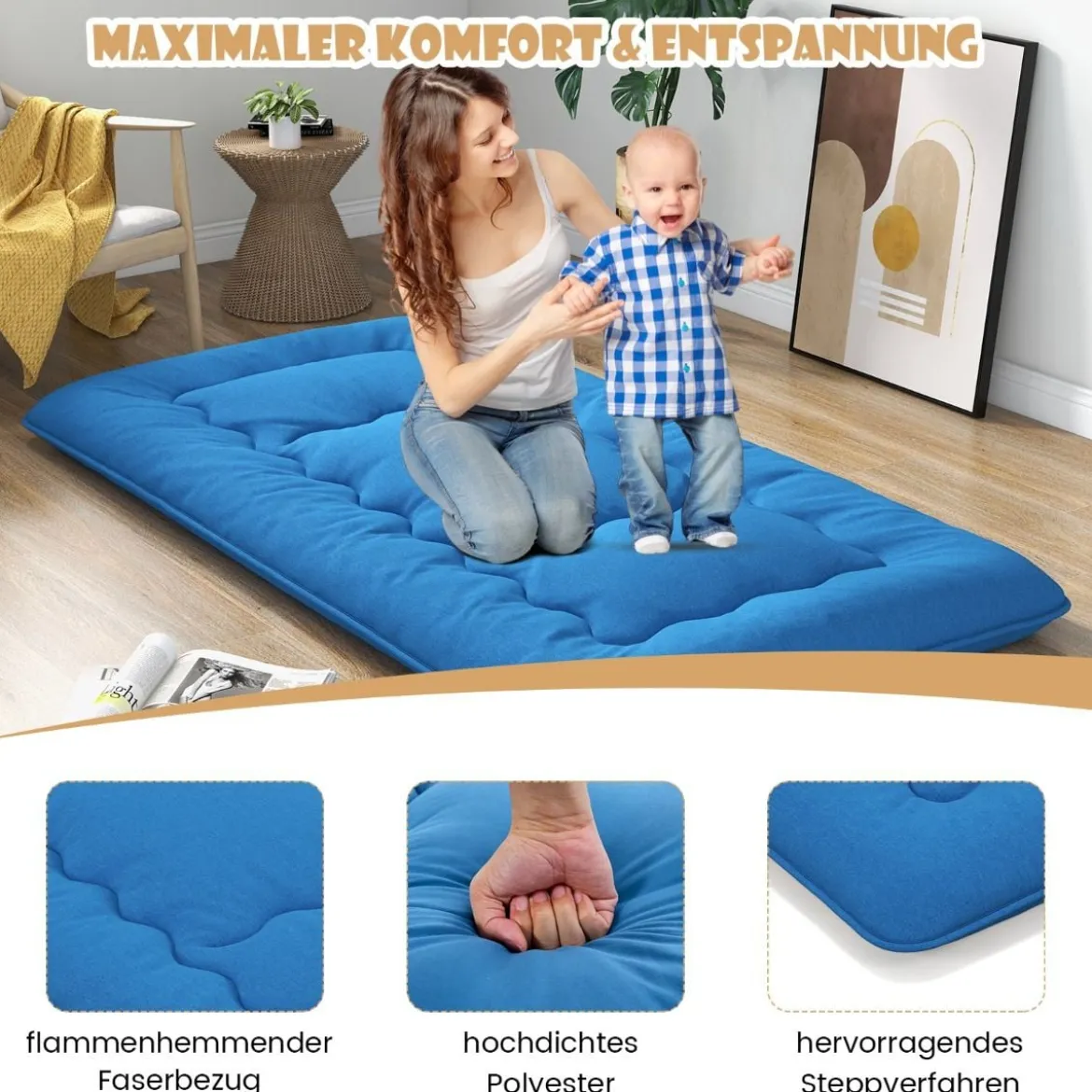 Japanische Futon Matratze mit Waschbarem Bezug & Tragetasche Tatami-Matte 90/140 x 200 cm