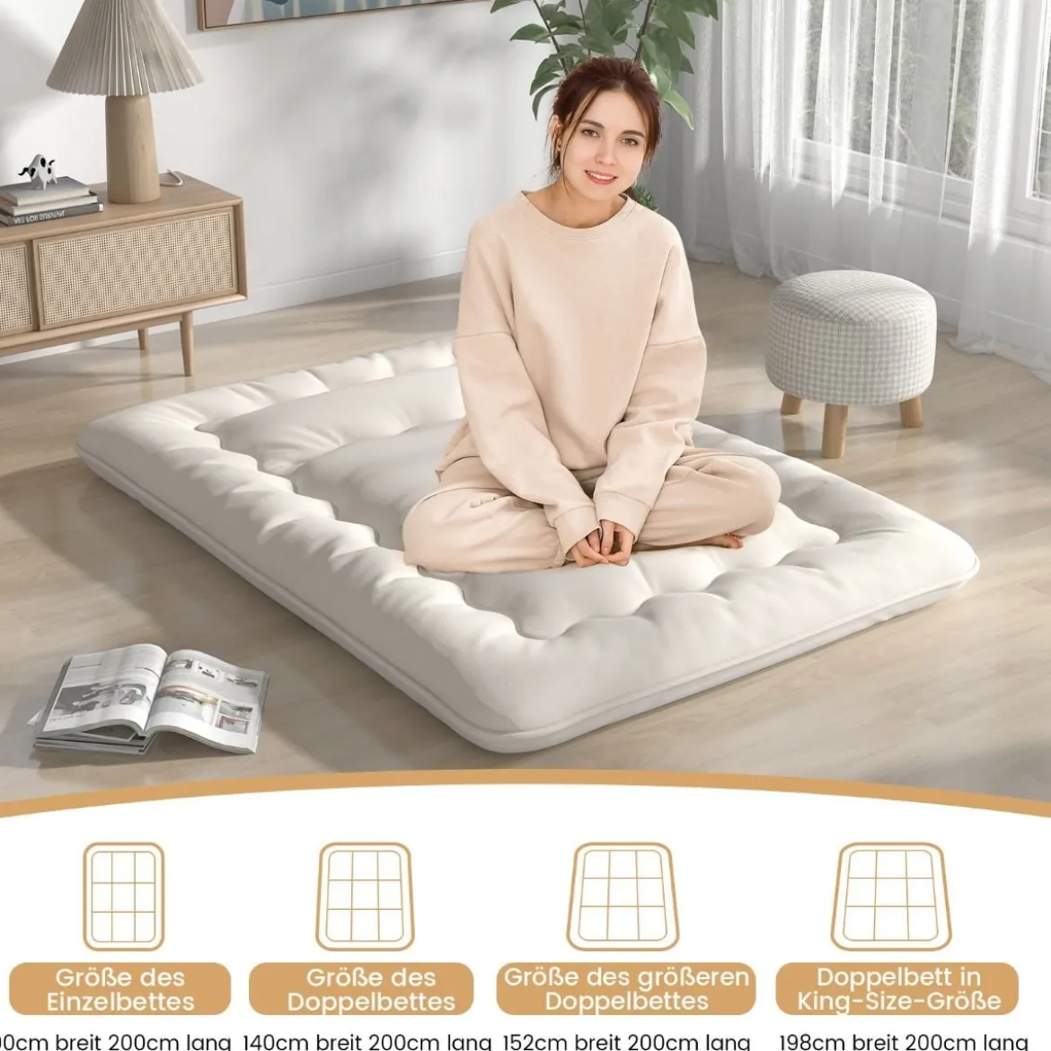 Japanische Futon Matratze mit Waschbarem Bezug & Tragetasche Tatami-Matte 90/140 x 200 cm