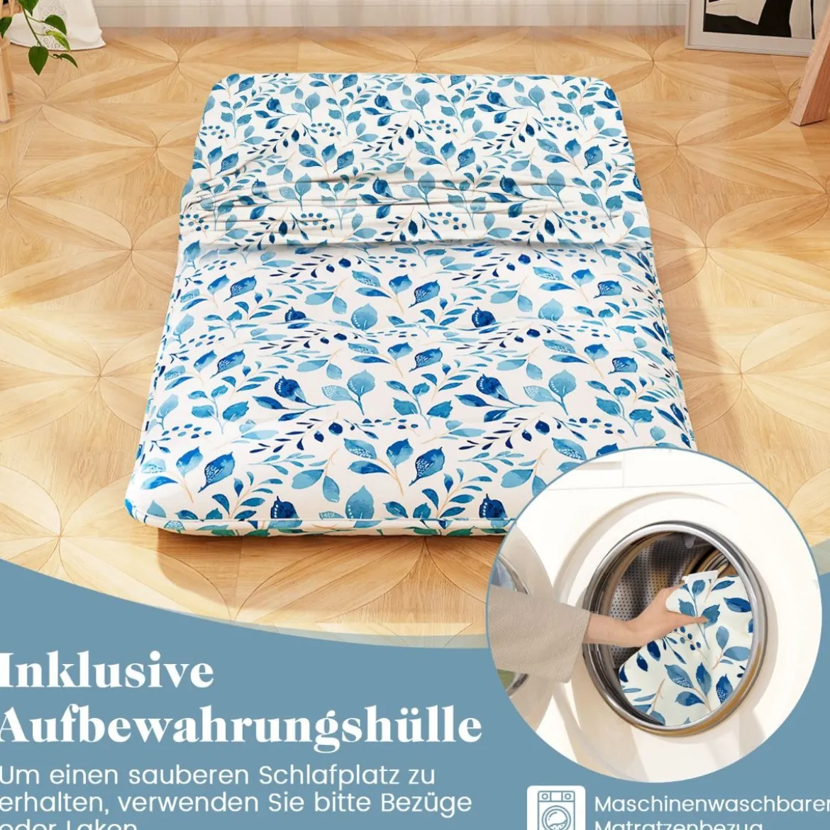 Japanische Futon Matratze mit Waschbarem Bezug & Tragetasche Tatami-Matte 90/140 x 200 cm