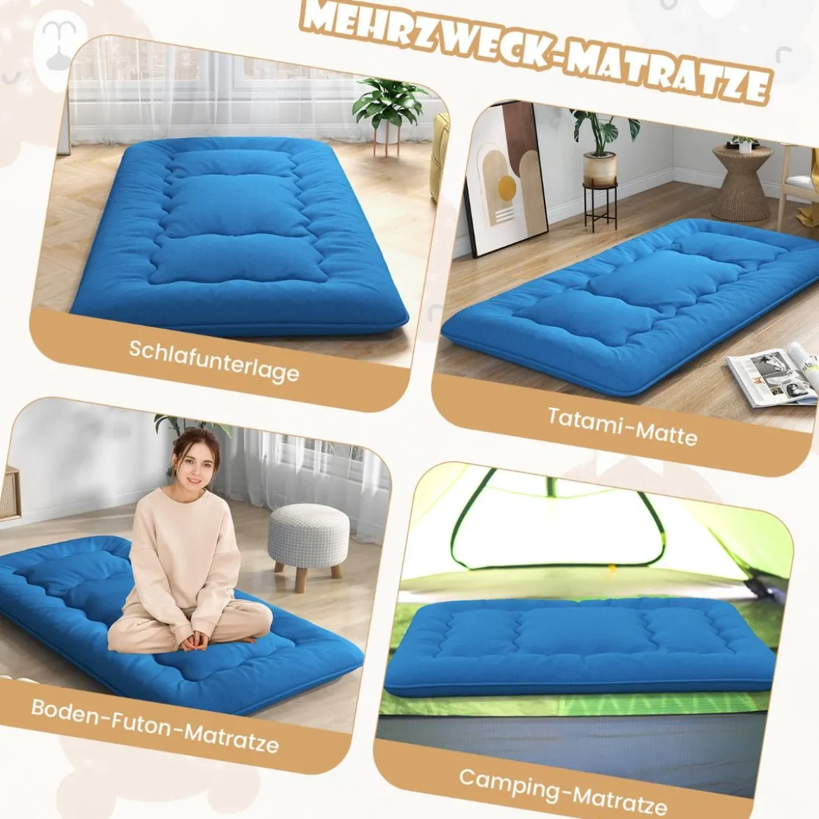 Japanische Futon Matratze mit Waschbarem Bezug & Tragetasche Tatami-Matte 90/140 x 200 cm