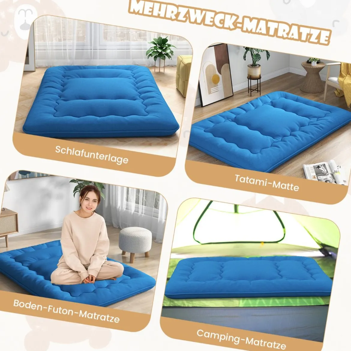 Japanische Futon Matratze mit Waschbarem Bezug & Tragetasche Tatami-Matte 90/140 x 200 cm