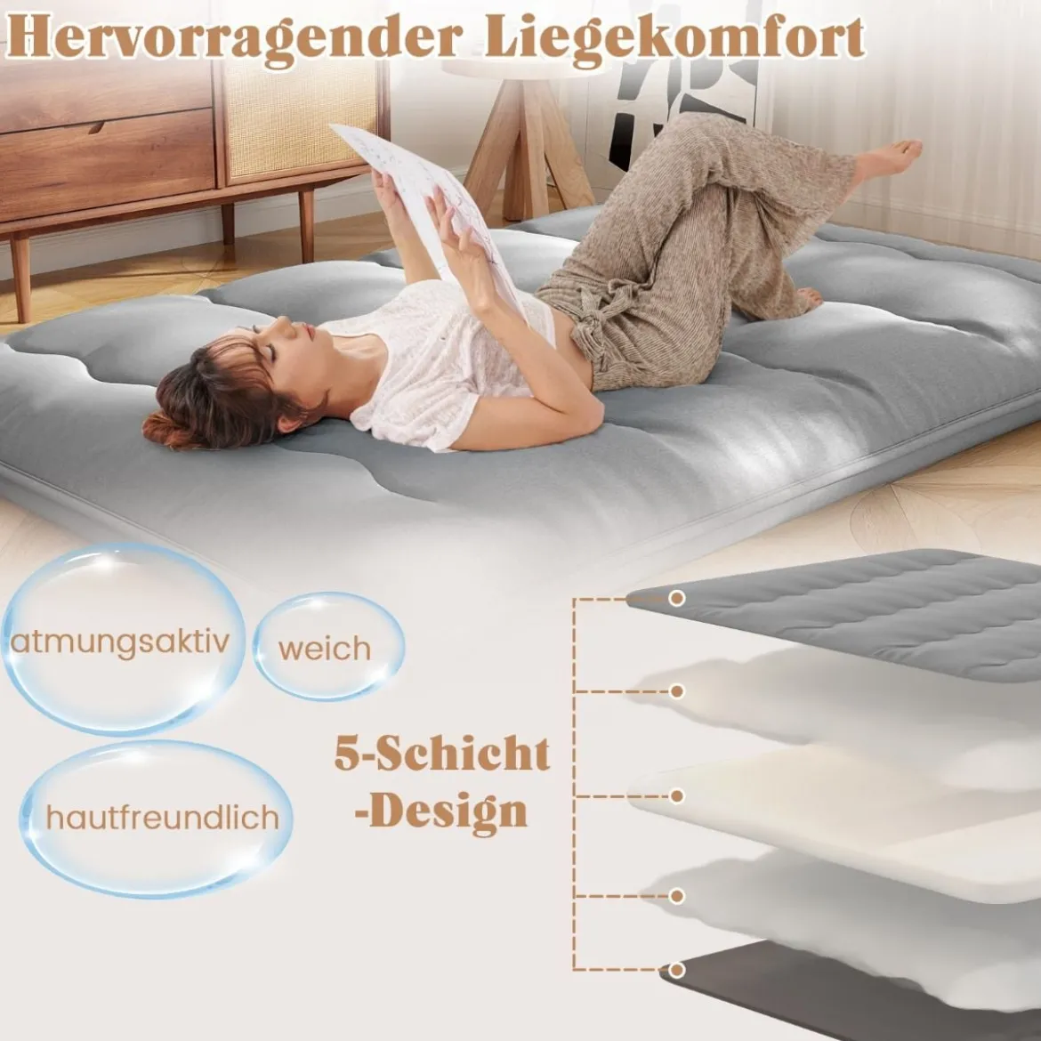 Japanische Futon Matratze mit Waschbarem Bezug & Tragetasche Tatami-Matte 90/140 x 200 cm