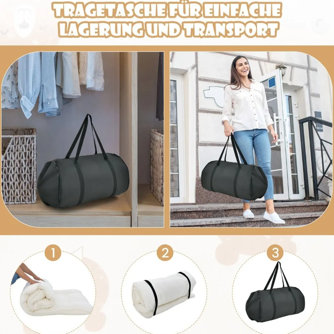 Japanische Futon Matratze mit Waschbarem Bezug & Tragetasche Tatami-Matte 90/140 x 200 cm