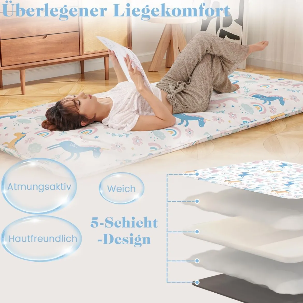 Japanische Futon Matratze mit Waschbarem Bezug & Tragetasche Tatami-Matte 90/140 x 200 cm